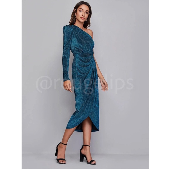 Teal Blue Lurex Sparkly Asymmetrical Draped Midi Dress - Picture 2 of 8